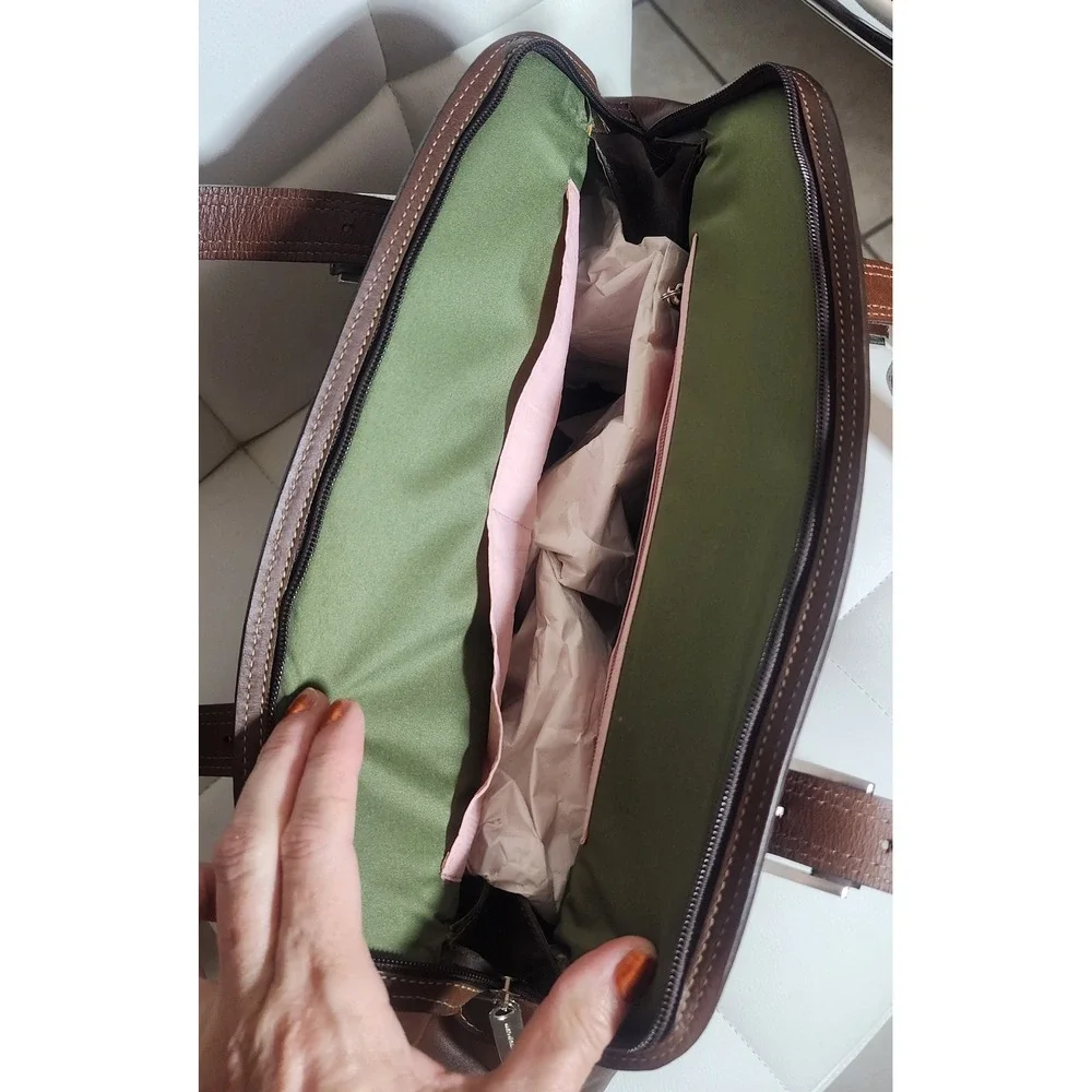 M&H Brown Leather Western‎ Shoulder Bag Cowhide Accents Green Piping Satchel
